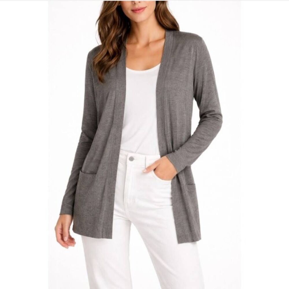 LOFT Gray Open Front Wool Blend Lightweight Cardigan Sweater Size Small